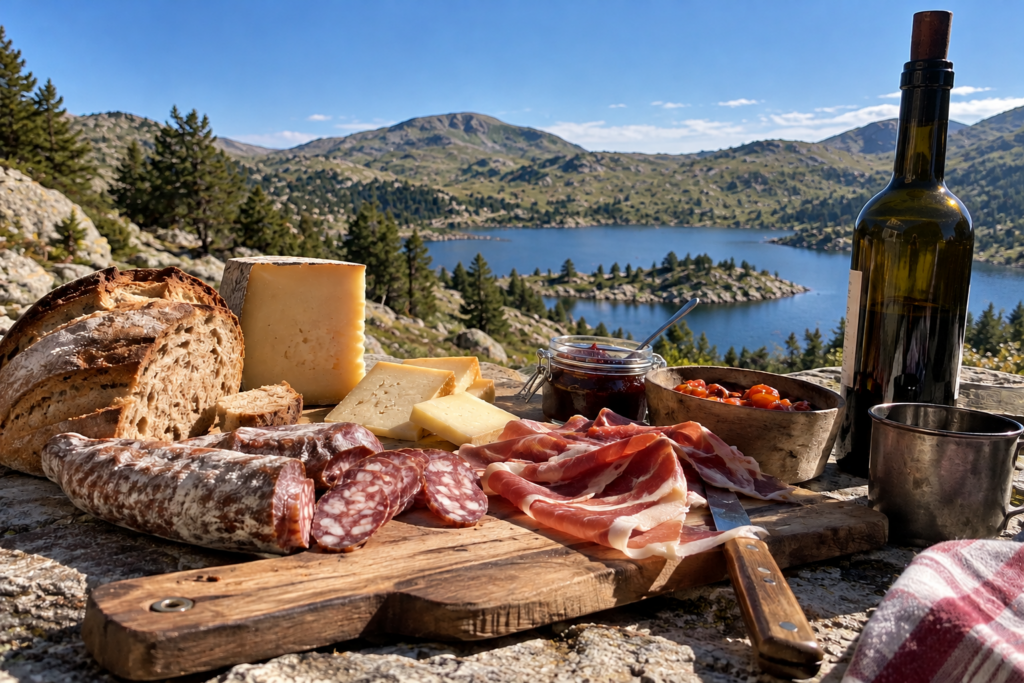 Table de produits du terroir avec charcuteries, fromages et pain de campagne, devant un lac et les montagnes des Pyrénées catalanes.